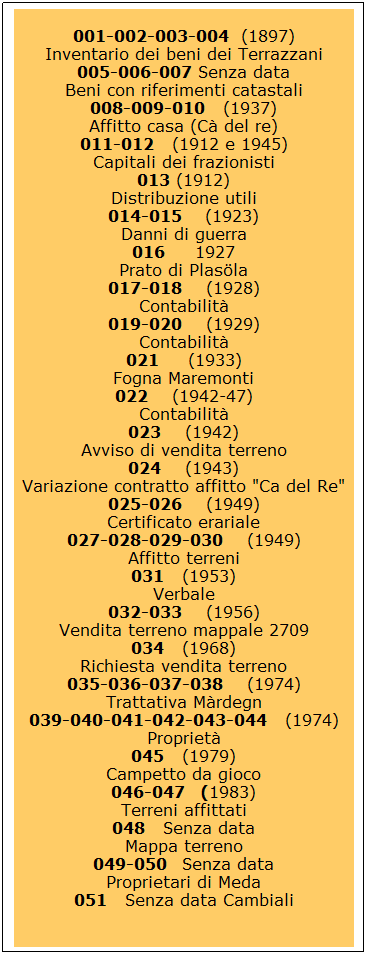 Casella di testo: 001-002-003-004  (1897)
Inventario dei beni dei Terrazzani
005-006-007 Senza data
Beni con riferimenti catastali
008-009-010   (1937)
Affitto casa (C del re)
011-012   (1912 e 1945)
Capitali dei frazionisti
013 (1912)
Distribuzione utili
014-015    (1923)
Danni di guerra
016     1927
Prato di Plasla
017-018    (1928)
Contabilit
019-020    (1929)
Contabilit
021     (1933)
Fogna Maremonti
022    (1942-47)
Contabilit
023    (1942)
Avviso di vendita terreno
024    (1943)
Variazione contratto affitto "Ca del Re"
025-026    (1949)
Certificato erariale
027-028-029-030    (1949)
Affitto terreni
031   (1953)
Verbale
032-033    (1956)
Vendita terreno mappale 2709
034   (1968)
Richiesta vendita terreno
035-036-037-038    (1974)
Trattativa Mrdegn
039-040-041-042-043-044   (1974)
Propriet
045   (1979)
Campetto da gioco
046-047   (1983)
Terreni affittati
048   Senza data
Mappa terreno
049-050   Senza data
Proprietari di Meda
051   Senza data Cambiali
 
