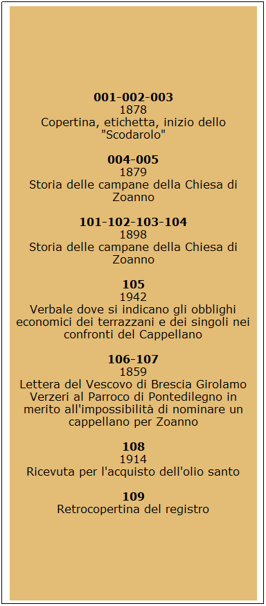 Casella di testo: 001-002-003
1878
Copertina, etichetta, inizio dello "Scodarolo"

004-005
1879
Storia delle campane della Chiesa di Zoanno

101-102-103-104
1898
Storia delle campane della Chiesa di Zoanno

105
1942
Verbale dove si indicano gli obblighi economici dei terrazzani e dei singoli nei confronti del Cappellano

106-107
1859
Lettera del Vescovo di Brescia Girolamo Verzeri al Parroco di Pontedilegno in merito all'impossibilit di nominare un cappellano per Zoanno

108
1914
Ricevuta per l'acquisto dell'olio santo

109
Retrocopertina del registro
