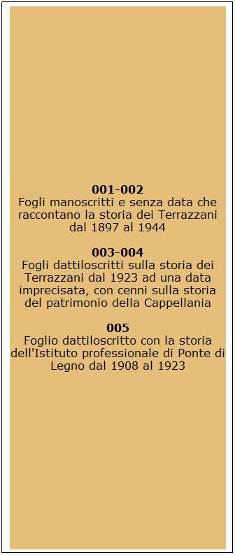 Casella di testo: 001-002
Fogli manoscritti e senza data che raccontano la storia dei Terrazzani dal 1897 al 1944

003-004
Fogli dattiloscritti sulla storia dei Terrazzani dal 1923 ad una data imprecisata, con cenni sulla storia del patrimonio della Cappellania

005
Foglio dattiloscritto con la storia dell'Istituto professionale di Ponte di Legno dal 1908 al 1923
