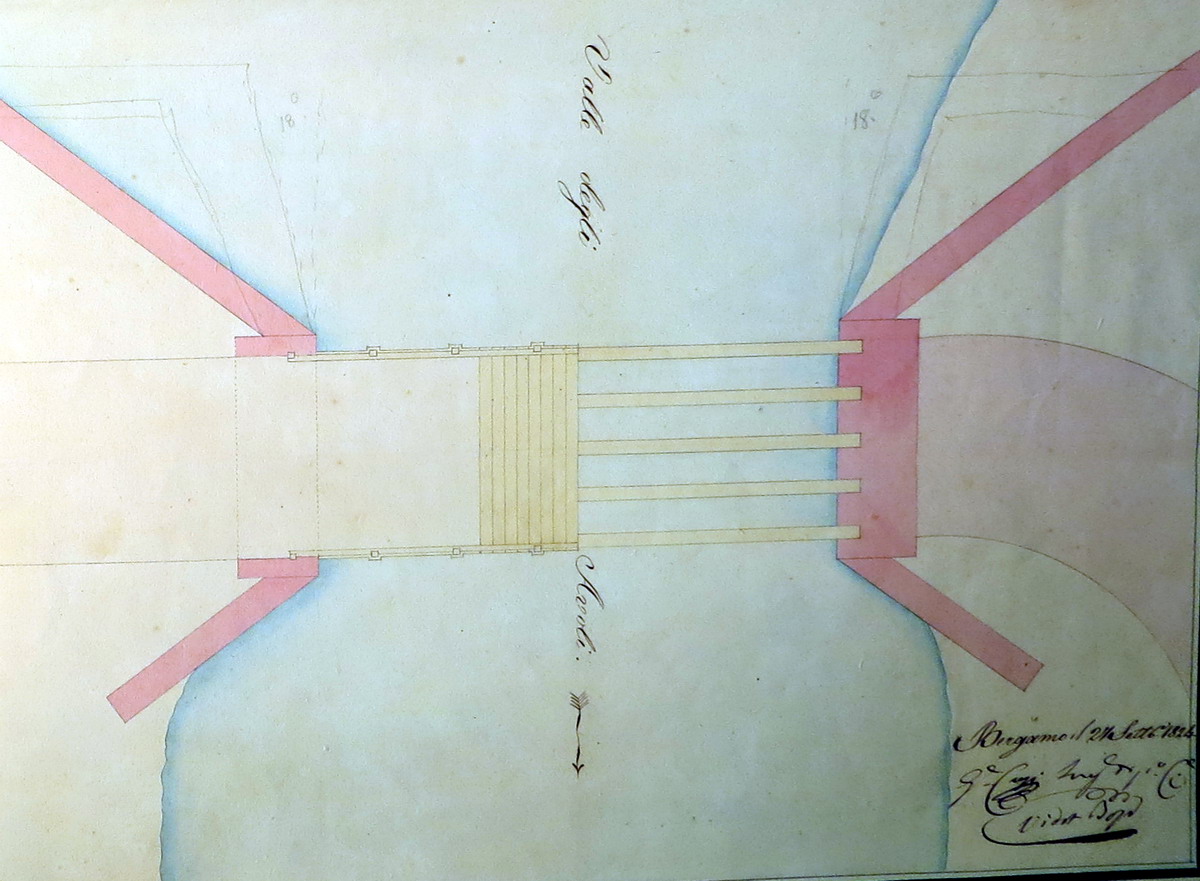 la struttura del ponte della Valle dei Avoli nel progetto del 1824 (A.S. Bg. D.P. b.653)